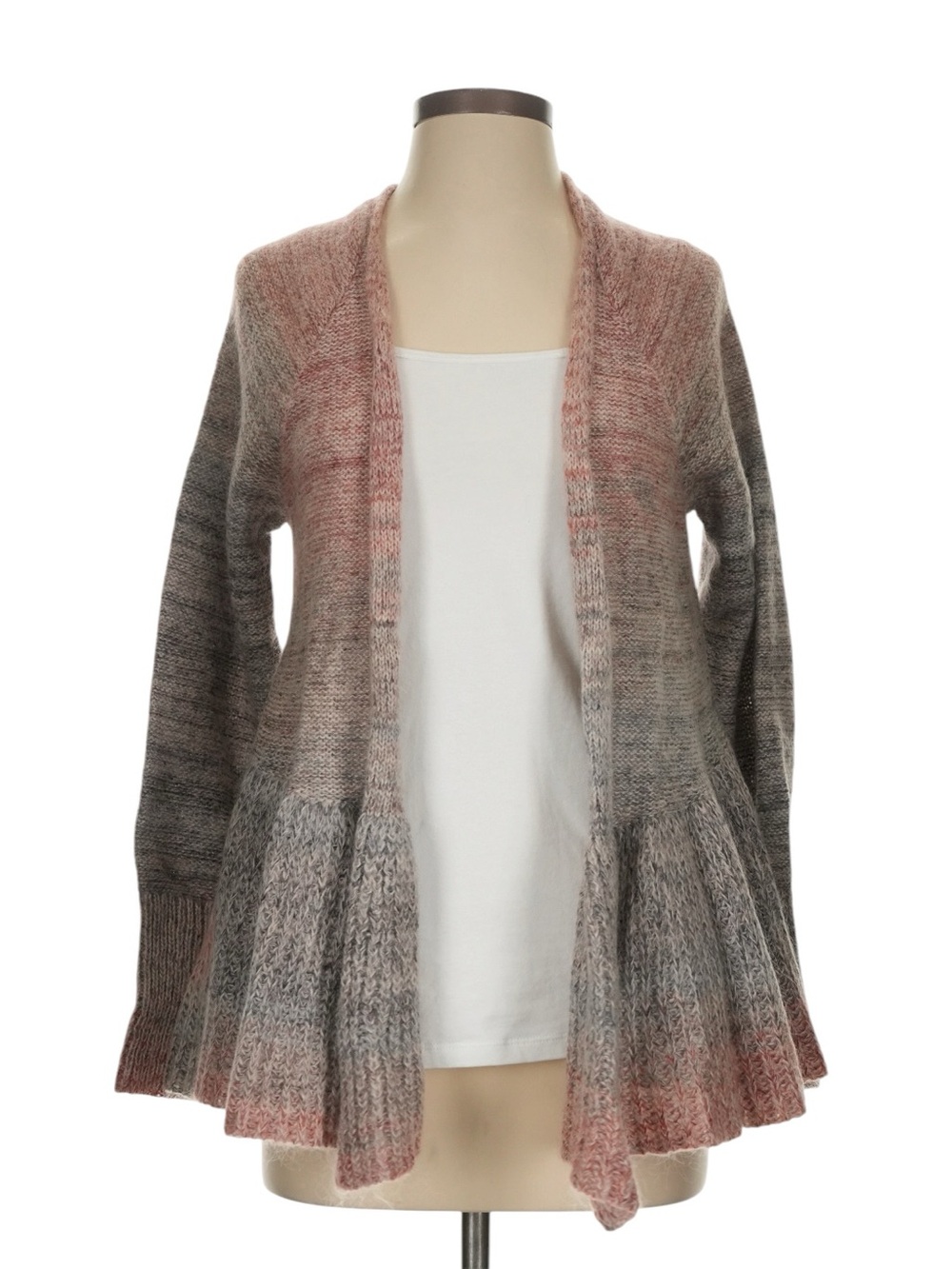 Anthropologie Knitted and Knotted Open Front Peplum Cardigan S Pink Gray NWT